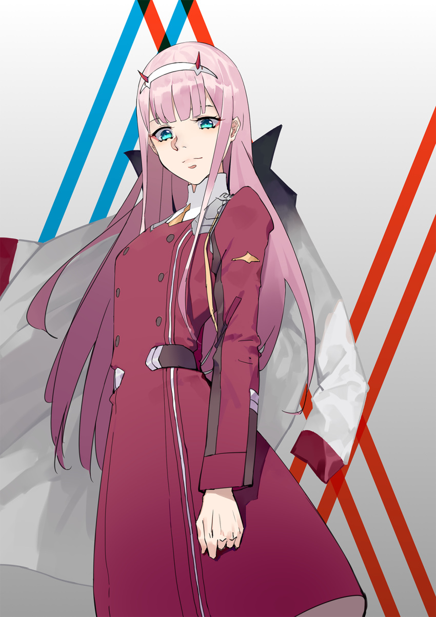 1girl blue_eyes darling_in_the_franxx dress hairband highres horns long_hair long_sleeves looking_at_viewer military military_uniform pink_hair red_dress shiny shiny_hair smile solo standing uniform very_long_hair white_hairband wujia_xiaozi zero_two_(darling_in_the_franxx)
