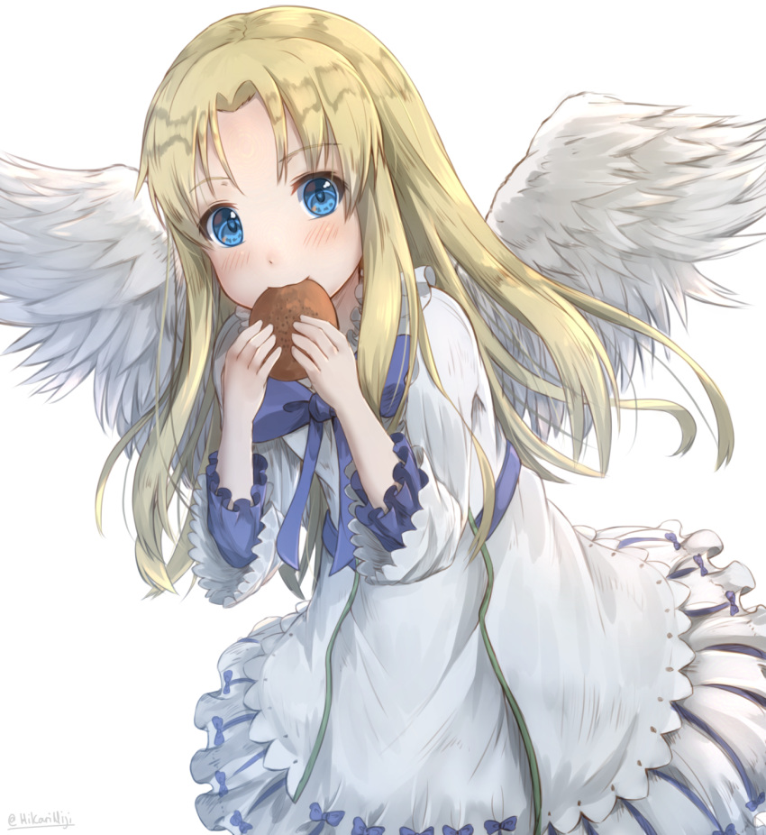 1girl bangs blonde_hair blue_bow blue_eyes blush bow closed_mouth commentary dress dutch_angle eating eyebrows_visible_through_hair feathered_wings firo_(tate_no_yuusha_no_nariagari) food highres hikari_niji holding holding_food long_hair long_sleeves looking_at_viewer parted_bangs simple_background solo tate_no_yuusha_no_nariagari twitter_username white_background white_dress white_wings wings