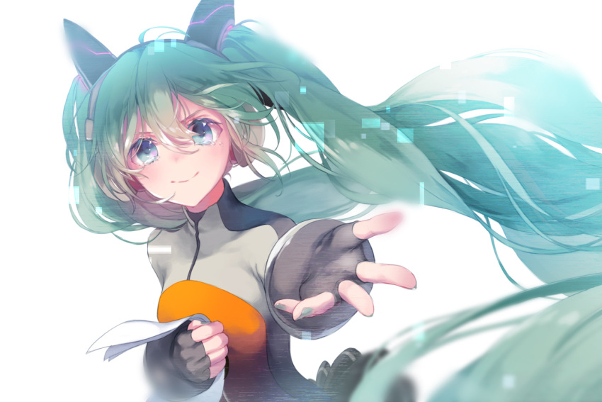 1girl blue_eyes blue_hair blue_nails blurry comet_(teamon) commentary crying crying_with_eyes_open depth_of_field fingerless_gloves fingernails floating_hair frown gloves hair_between_eyes hand_on_own_chest happy hatsune_miku headphones long_hair nail_polish odds_&amp;_ends_(vocaloid) outstretched_hand paper simple_background smile solo tears twintails upper_body very_long_hair vocaloid white_background