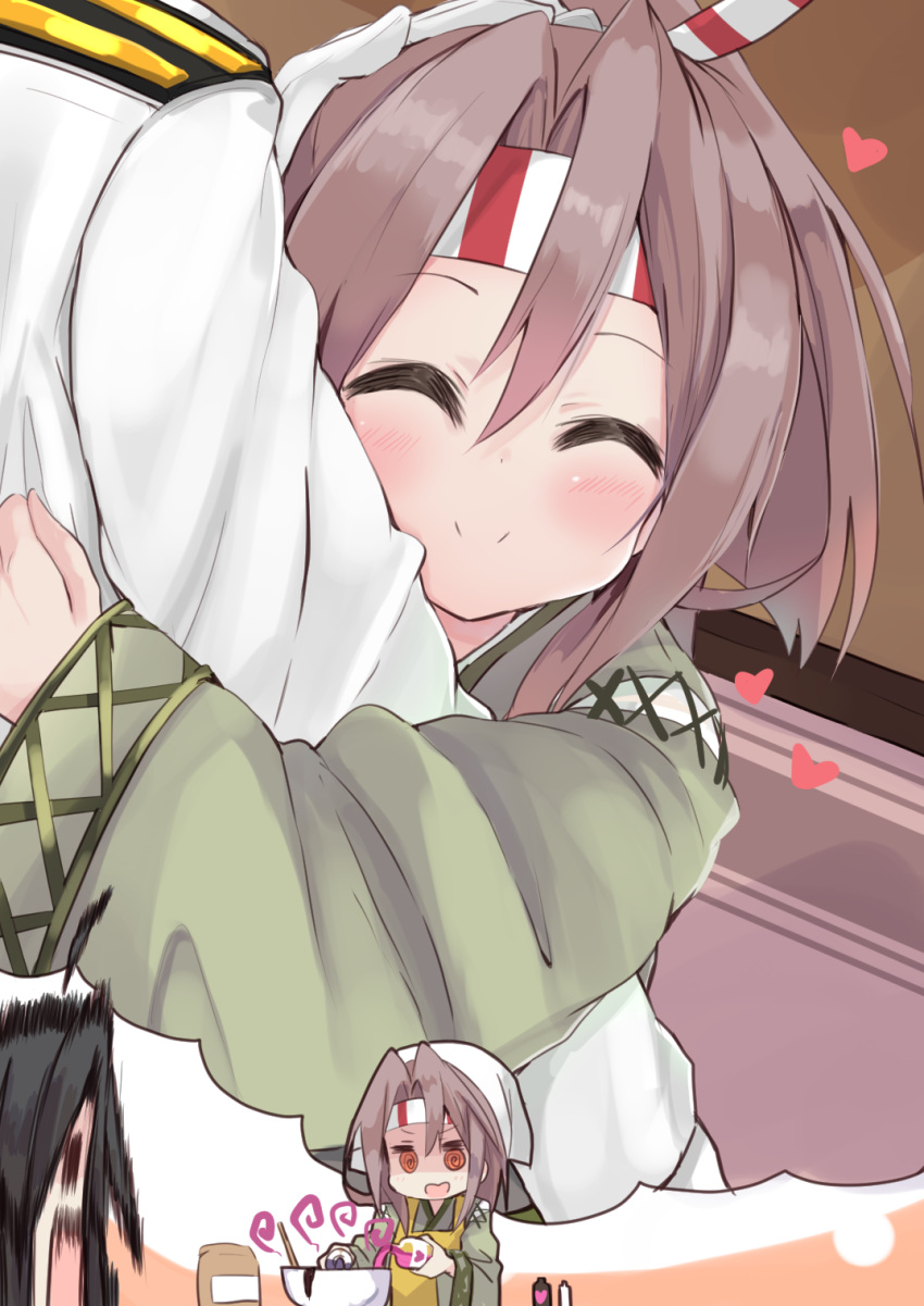 2girls @_@ ^_^ admiral_(kantai_collection) amano_kouki apron bangs blush brown_eyes brown_hair character_request closed_eyes closed_eyes closed_mouth commentary_request eyebrows_visible_through_hair gloves green_kimono hachimaki hair_between_eyes hand_on_another's_head head_scarf headband heart highres hug imagining jacket japanese_clothes kantai_collection kimono long_hair military_jacket mixing_bowl multiple_girls open_mouth pouring smile white_gloves white_jacket yellow_apron zuihou_(kantai_collection)