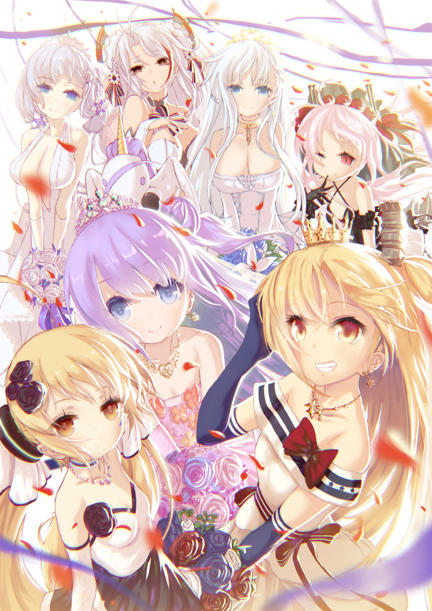 6+girls :o antenna_hair arm_scrunchie azur_lane belfast_(azur_lane) black_dress black_gloves blonde_hair blue_eyes blue_gloves bouquet braid breasts bridal_gauntlets chains cleavage cleveland_(azur_lane) commentary criss-cross_halter crown dress earrings elbow_gloves eldridge_(azur_lane) english_commentary flower flower_earrings french_braid from_above gloves grin hair_bun hair_flower hair_ornament halterneck highres illustrious_(azur_lane) izumo_(user_cmcy2878) jewelry large_breasts looking_at_viewer mini_crown multicolored_hair multiple_girls necklace one_eye_closed prinz_eugen_(azur_lane) purple_hair red_eyes slit_pupils small_breasts smile star star_earrings streaked_hair stuffed_alicorn tiara unicorn_(azur_lane) vampire_(azur_lane) violet_eyes wedding_dress white_gloves white_hair yellow_eyes