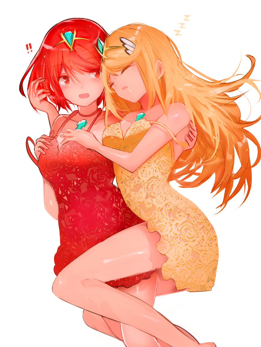!! 2girls absurdres bare_arms bare_shoulders breasts closed_eyes collarbone commentary_request dress drooling feet_out_of_frame hair_ornament headpiece highres mythra_(xenoblade) pyra_(xenoblade) long_hair medium_breasts multiple_girls nintendo open_mouth orange_hair red_dress red_eyes redhead saliva short_dress simple_background sleeping strap_slip tarbo_(exxxpiation) very_long_hair white_background xenoblade_(series) xenoblade_2 yellow_dress zzz