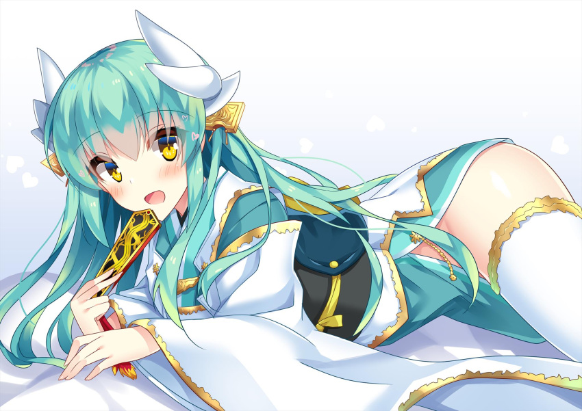 1girl :d blush detached_sleeves eyebrows_visible_through_hair fan fate/grand_order fate_(series) floating_hair gradient gradient_background green_hair hair_between_eyes hayakawa_(hayakawa_illust) highres holding holding_fan horns japanese_clothes kimono kiyohime_(fate/grand_order) long_hair long_sleeves looking_at_viewer lying on_stomach open_mouth smile solo thigh-highs very_long_hair white_legwear wide_sleeves yellow_eyes
