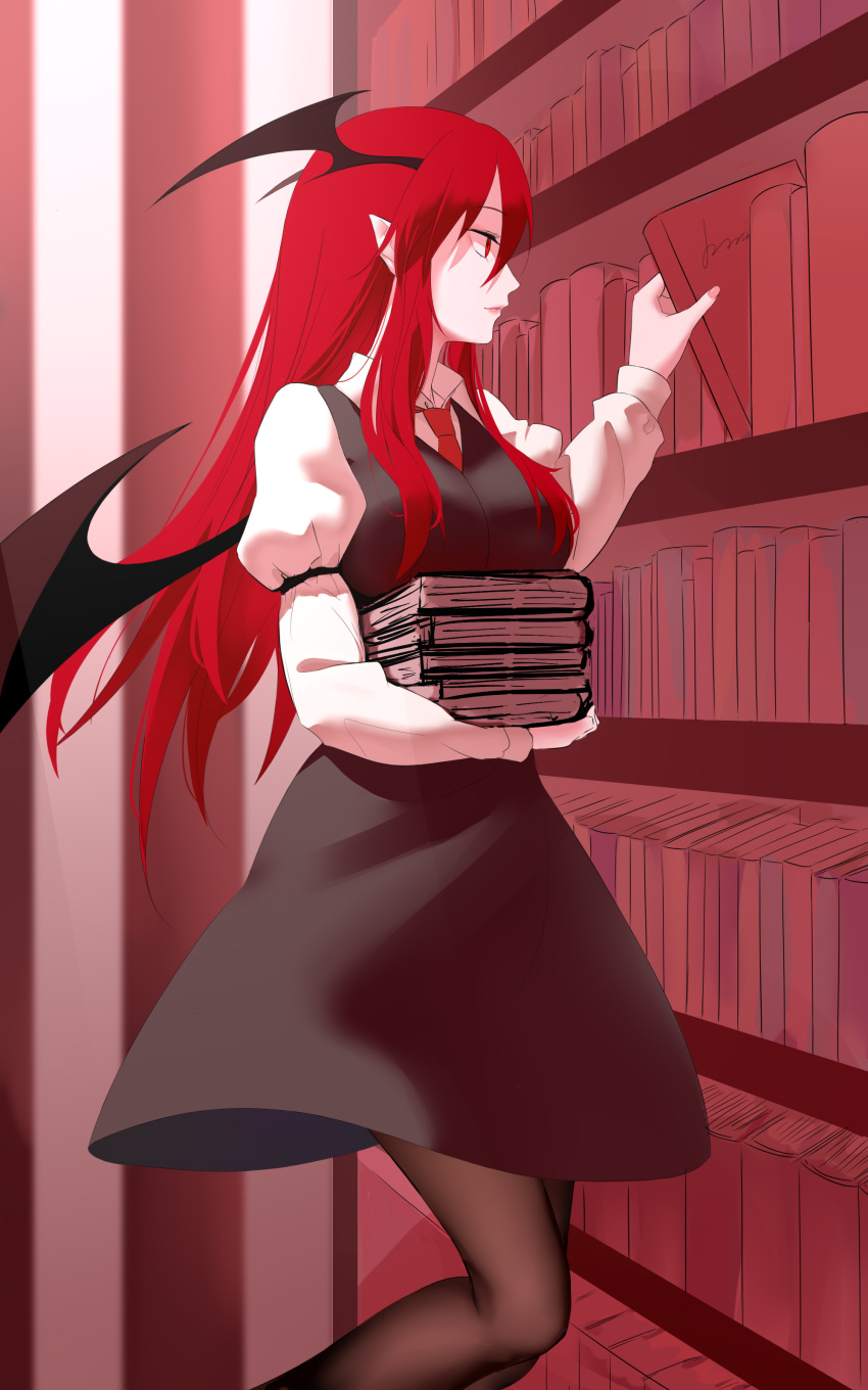 1girl absurdres armband bat_wings black_dress book book_stack bookshelf breasts commentary_request cowboy_shot dress dress_shirt eyebrows_visible_through_hair eyelashes head_wings highres holding holding_book juliet_sleeves koakuma lips long_hair long_sleeves medium_breasts pointy_ears puffy_sleeves red_eyes redhead shirt sidelocks solo touhou wings xianjian_lingluan