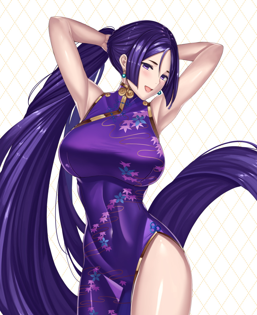 1girl absurdres armpits arms_behind_head arms_up bangs bare_shoulders blush breasts china_dress chinese_clothes closed_mouth covered_navel dress earrings fate/grand_order fate_(series) floral_print hair_between_eyes highres hips jewelry large_breasts long_hair looking_at_viewer minamoto_no_raikou_(fate/grand_order) open_mouth parted_bangs purple_dress purple_hair simple_background smile solo takinashi_(friend_coffee) very_long_hair violet_eyes white_background