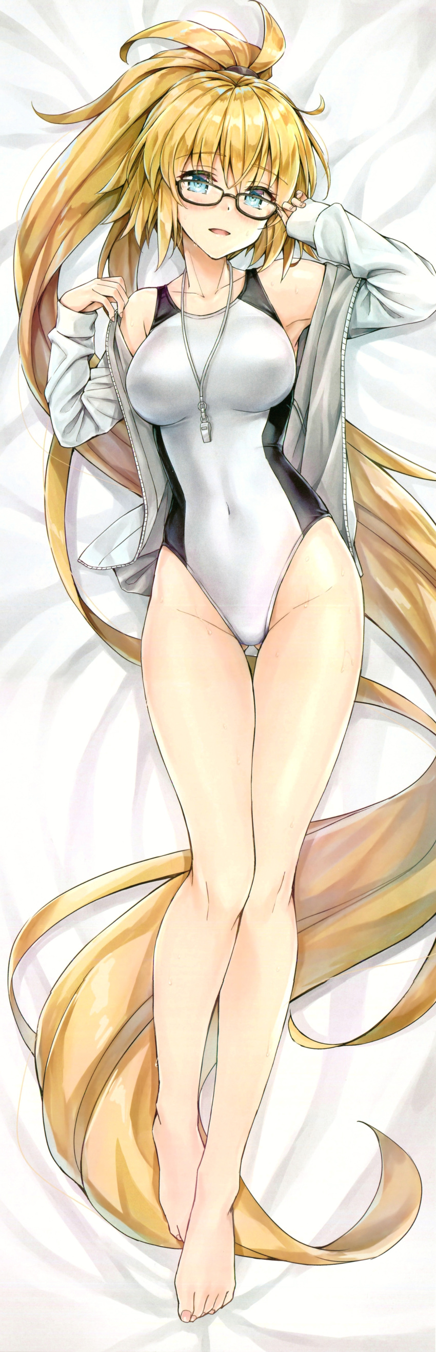 1girl absurdres adjusting_eyewear bangs bare_shoulders bed_sheet black-framed_eyewear blonde_hair blue_eyes blush breasts collarbone competition_swimsuit covered_navel dakimakura eyebrows_visible_through_hair fate/grand_order fate_(series) fingernails full_body glasses gluteal_fold highres jacket jeanne_d'arc_(fate)_(all) jeanne_d'arc_(swimsuit_archer) kotatsu_(kotatsu358) long_hair long_sleeves looking_at_viewer lying medium_breasts on_back one-piece_swimsuit open_clothes open_jacket open_mouth ponytail scan shiny shiny_hair sleeves_past_wrists smile sweat sweatdrop swimsuit very_long_hair whistle whistle_around_neck