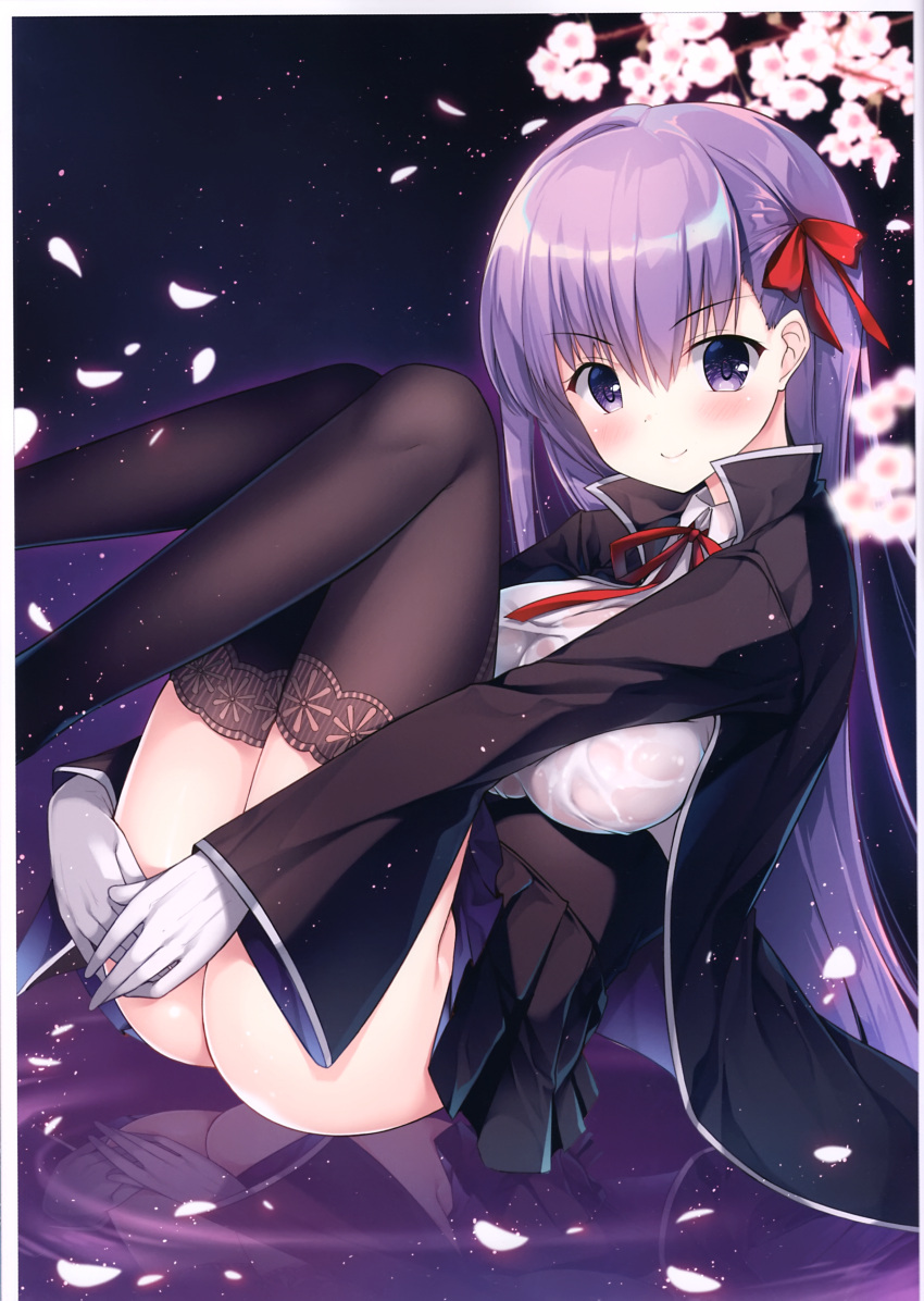 &gt;:) 1girl absurdres ass bangs bb_(fate)_(all) bb_(fate/extra_ccc) black_coat black_legwear black_skirt blush breasts cherry_blossoms circle_name closed_mouth coat collared_shirt eyebrows_visible_through_hair fate/extra fate/extra_ccc fate_(series) gloves hair_between_eyes hair_ribbon hanahanamaki high-waist_skirt highres large_breasts leaning_back legs_up long_hair long_sleeves looking_at_viewer medium_breasts night night_sky open_clothes open_coat panties panty_peek petals pink_panties pleated_skirt purple_hair red_ribbon reflection ribbon scan shiny shiny_hair shiny_skin shirt simple_background sitting skirt sky smile solo star star_(sky) starry_sky straight_hair thigh-highs underwear upskirt v-shaped_eyebrows very_long_hair violet_eyes wet wet_clothes wet_shirt white_gloves white_shirt wing_collar