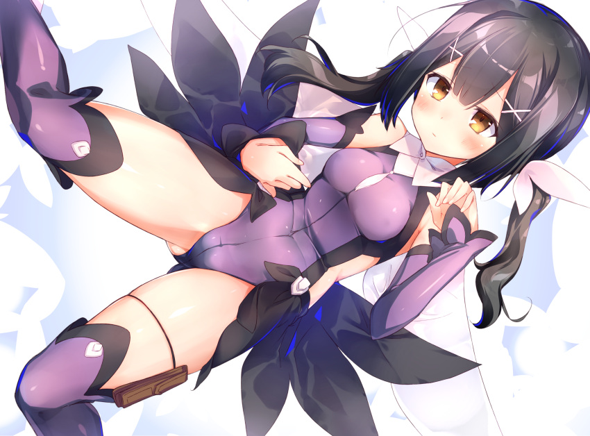 1girl bangs bare_shoulders black_hair blush breasts cape closed_mouth commentary_request covered_navel detached_sleeves fate/kaleid_liner_prisma_illya fate_(series) feathers gluteal_fold hair_feathers hair_ornament hairclip highleg highleg_leotard highres leotard long_hair lying magical_girl miyu_edelfelt on_back pouch purple_legwear purple_leotard sakurayume_kome small_breasts solo thigh_strap thighs twintails yellow_eyes