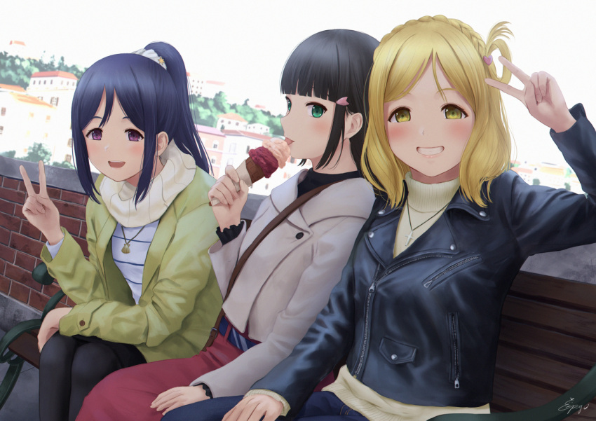 3girls :d :p alternate_costume arm_up bag bangs bench black_hair black_jacket black_legwear blonde_hair blue_hat blunt_bangs blush braid brick_wall casual commentary_request cross cross_necklace crown_braid day denim eating food green_eyes green_jacket grey_jacket grey_sweater grin hair_ornament hair_rings hairclip hand_on_lap hat heart heart_hair_ornament high_ponytail holding holding_food ice_cream ice_cream_cone jacket jeans jewelry kurosawa_dia leather leather_jacket long_hair long_skirt long_sleeves looking_at_viewer love_live! love_live!_sunshine!! matsuura_kanan medium_hair multiple_girls necklace ohara_mari on_bench open_clothes open_jacket open_mouth outdoors pants pantyhose papi_(papiron100) parted_bangs pendant red_skirt round_teeth scarf seashell seashell_necklace shell shirt shoulder_bag sidelocks signature sitting skirt smile striped striped_shirt sweater tareme teeth tongue tongue_out town turtleneck turtleneck_sweater upper_body v violet_eyes white_scarf white_shirt zipper