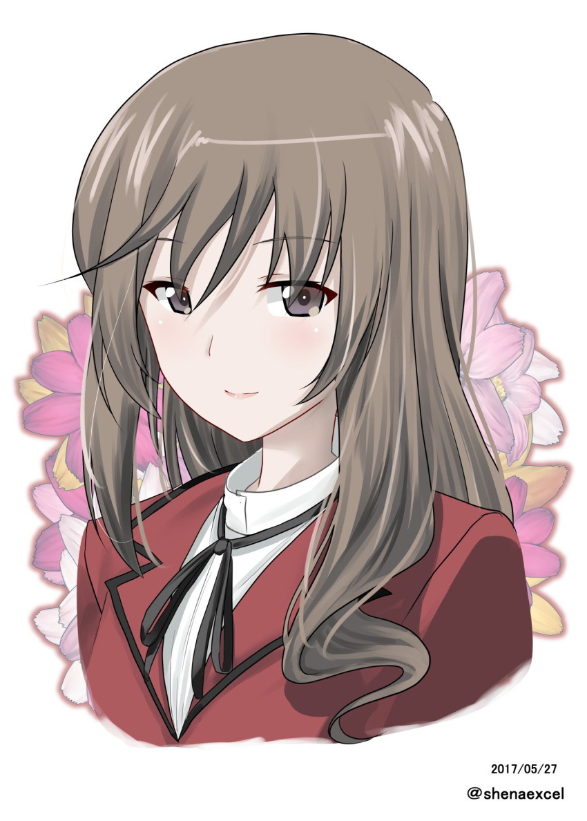 1girl bangs black_neckwear brown_eyes brown_hair closed_mouth commentary cropped_torso dated dress_shirt excel_(shena) eyebrows_visible_through_hair eyes_visible_through_hair girls_und_panzer high_collar highres jacket long_hair looking_at_viewer mature neck_ribbon portrait red_jacket ribbon shimada_chiyo shirt smile solo twitter_username white_background white_shirt