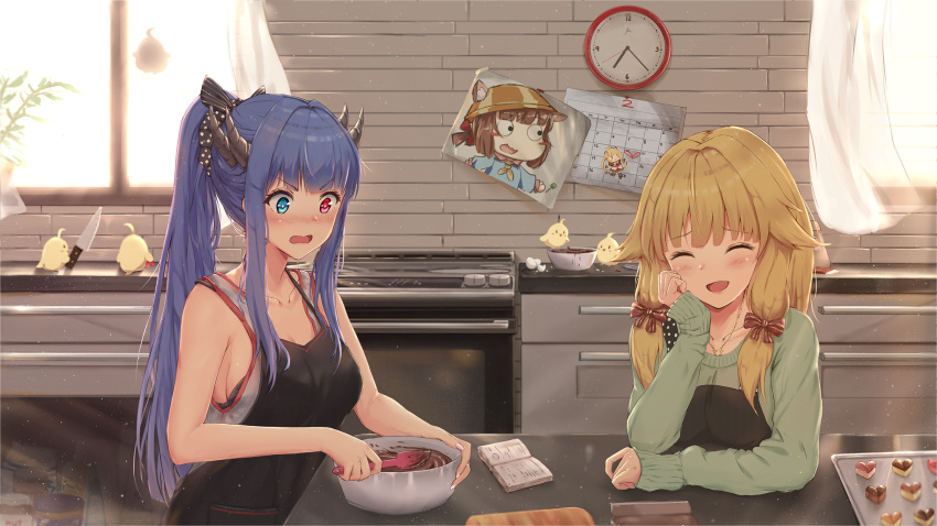 2girls apron aurora_(f10)_(azur_lane) azur_lane bangs bird blonde_hair blue_eyes blue_hair blush bra breasts chocolate closed_eyes collarbone eyebrows_visible_through_hair hair_flaps heterochromia highres ibuki_(azur_lane) jewelry kitchen long_hair medium_breasts multiple_girls mutsuki_(azur_lane) mutsuki_face necklace open_mouth ponytail red_eyes sideboob smile sweater tagme tank_top underwear