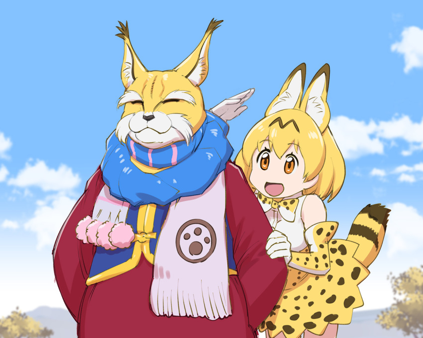 1girl 1other animal_ears bow bowtie crossover elbow_gloves extra_ears eyebrows_visible_through_hair furry gloves high-waist_skirt juuken_sentai_gekiranger kemono_friends master_xia_fu open_mouth print_gloves print_neckwear print_skirt scarf serval_(kemono_friends) serval_ears serval_print serval_tail shirt short_hair skirt sleeveless sleeveless_shirt smile striped_tail super_sentai tail ueyama_michirou white_shirt