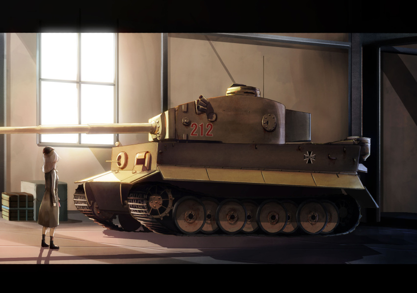 ankle_boots backlighting black_coat black_footwear black_hat black_legwear boots commentary emblem garrison_cap girls_und_panzer ground_vehicle hat highres indoors itsumi_erika jinguu_(4839ms) kuromorimine_(emblem) letterboxed long_hair long_sleeves military military_hat military_uniform military_vehicle motor_vehicle shadow silver_hair socks standing sunlight tank tiger_i trench_coat uniform warehouse window