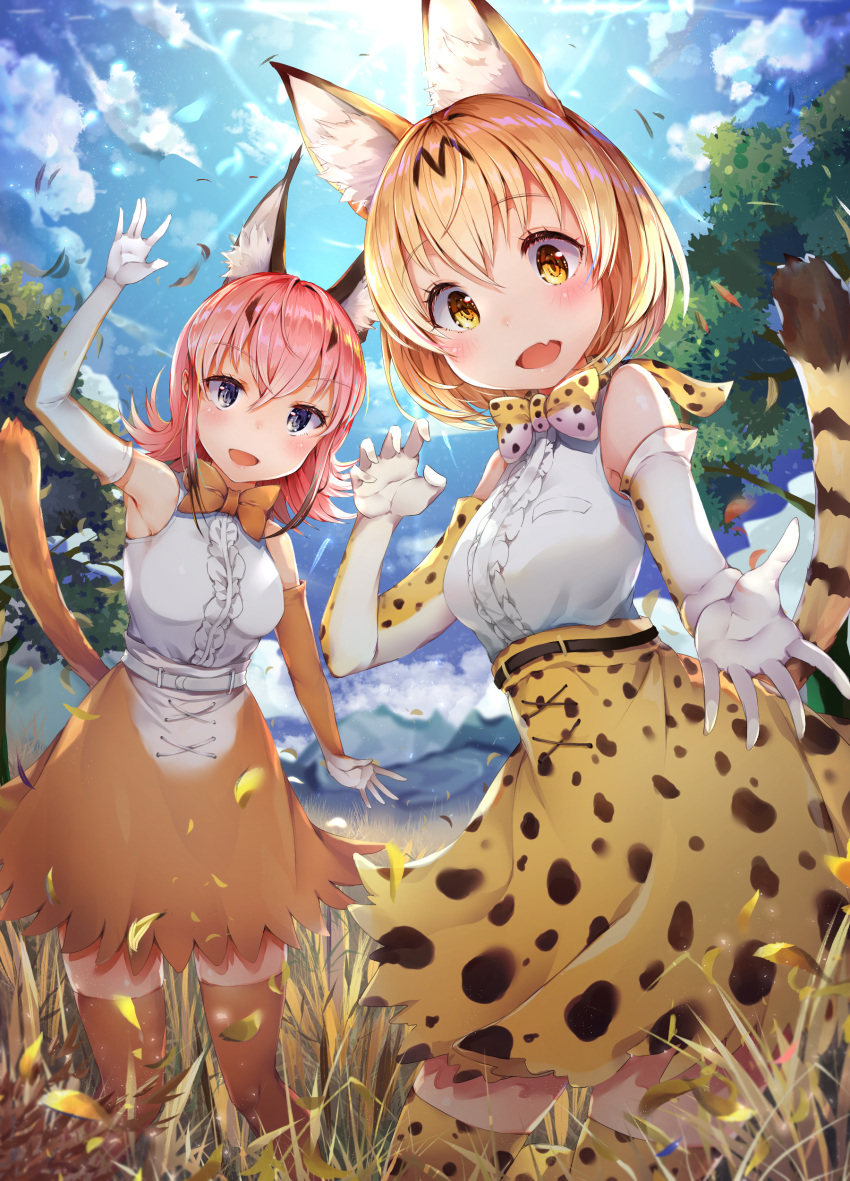 2girls :d absurdres airmisuzu animal_ear_fluff animal_ears arm_up armpits bare_shoulders belt blonde_hair blue_eyes blue_sky blush bow bowtie breasts brown_hair brown_legwear brown_skirt caracal_(kemono_friends) caracal_ears caracal_tail clouds cloudy_sky commentary_request day elbow_gloves fang frilled_shirt frills gloves grass hand_up head_tilt high-waist_skirt highres kemono_friends leaf looking_at_viewer medium_breasts multicolored_hair multiple_girls nature open_mouth orange_neckwear outdoors pink_hair serval_(kemono_friends) serval_ears serval_print serval_tail shirt shirt_tucked_in short_hair skirt sky sleeveless sleeveless_shirt smile standing sunlight tail thigh-highs tree two-tone_hair white_gloves white_shirt yellow_eyes zettai_ryouiki