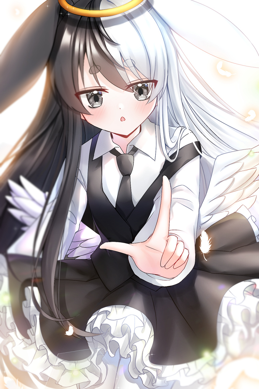 1girl angel angel_wings animal_ears bangs black_hair black_neckwear black_skirt black_vest blush commentary_request eyebrows_visible_through_hair feathered_wings frilled_skirt frills grey_eyes hair_between_eyes halo highres index_finger_raised long_sleeves looking_at_viewer low_wings mamel_27 multicolored_hair necktie original outstretched_arm parted_lips rabbit_ears shirt short_eyebrows skirt solo thick_eyebrows two-tone_hair vest white_hair white_shirt white_wings wings