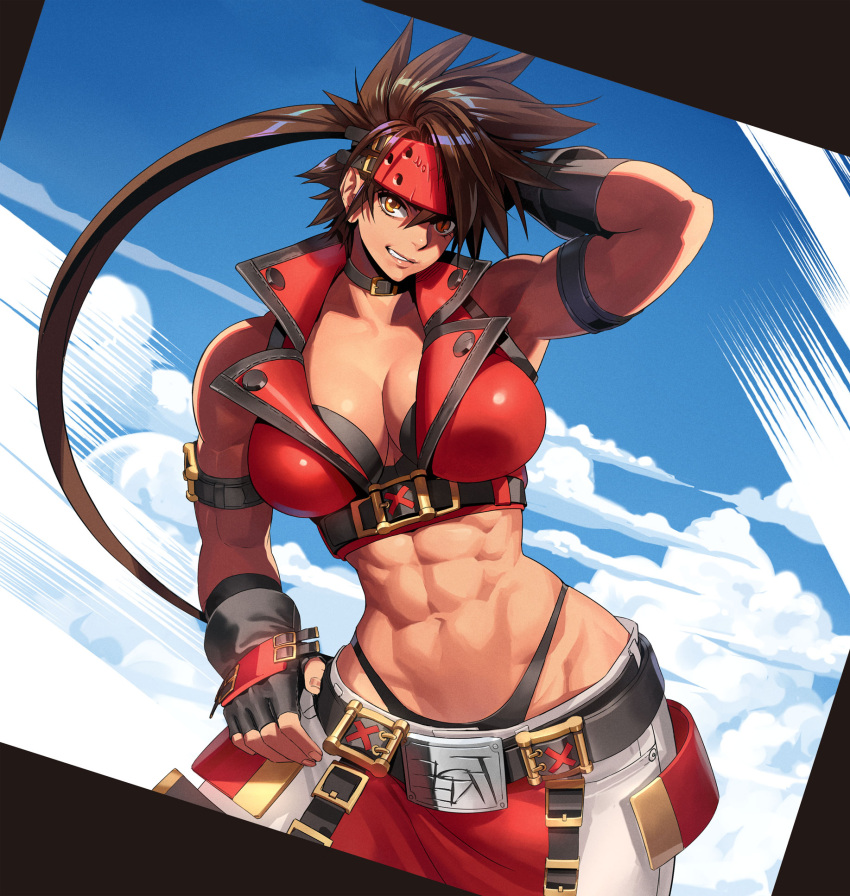 1girl abs arm_up armpits belt black_gloves black_panties breasts brown_hair choker cleavage clouds cloudy_sky fingerless_gloves forehead_protector genderswap genderswap_(mtf) gloves guilty_gear hand_on_head hand_on_hip heterochromia highleg highleg_panties highres looking_at_viewer midriff navel ogami panties ponytail red_eyes sky smile sol_badguy solo toned underwear yellow_eyes