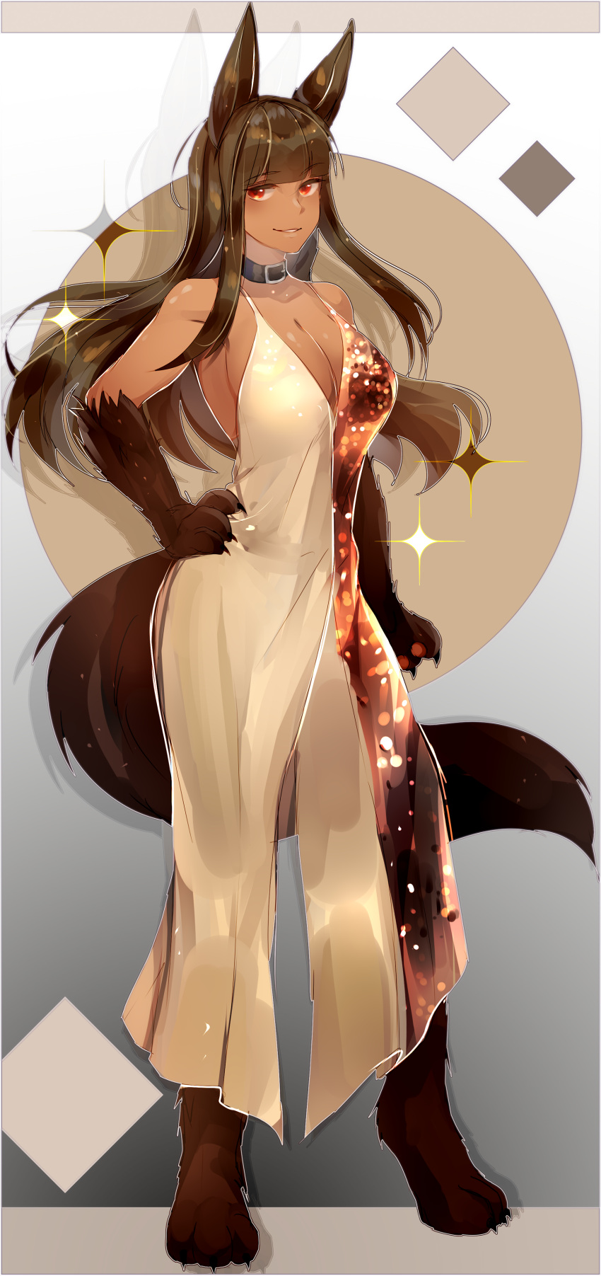 1girl absurdres animal_ears anubis_(monster_girl_encyclopedia) bangs bare_shoulders blunt_bangs breasts brown_hair claws cleavage collar commentary commission dark_skin dress ei_flow english_commentary eyebrows_visible_through_hair hand_on_hip highres jackal_ears jackal_tail large_breasts long_hair looking_at_viewer monster_girl monster_girl_encyclopedia parted_lips paws red_eyes smile solo sparkle tail