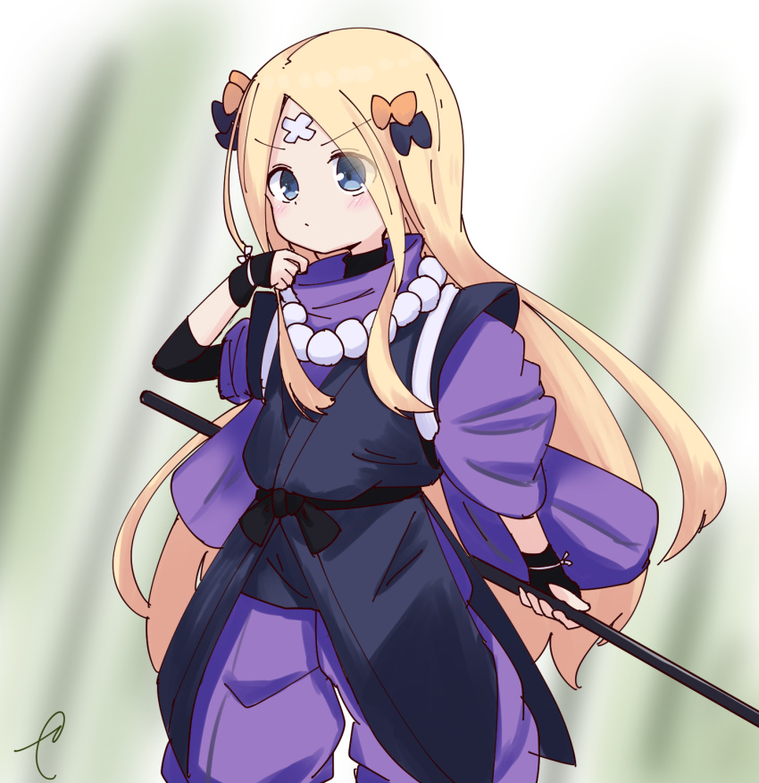 1girl abigail_williams_(fate/grand_order) bangs beads black_bow black_gloves blonde_hair blurry blurry_background blush bow closed_mouth commentary_request cosplay_request crossed_bandaids depth_of_field eyebrows_visible_through_hair fate/grand_order fate_(series) fingerless_gloves gloves hair_bow hand_up highres holding jumpsuit kujou_karasuma long_hair long_sleeves orange_bow parted_bangs prayer_beads puffy_long_sleeves puffy_sleeves purple_jumpsuit signature solo standing v-shaped_eyebrows very_long_hair