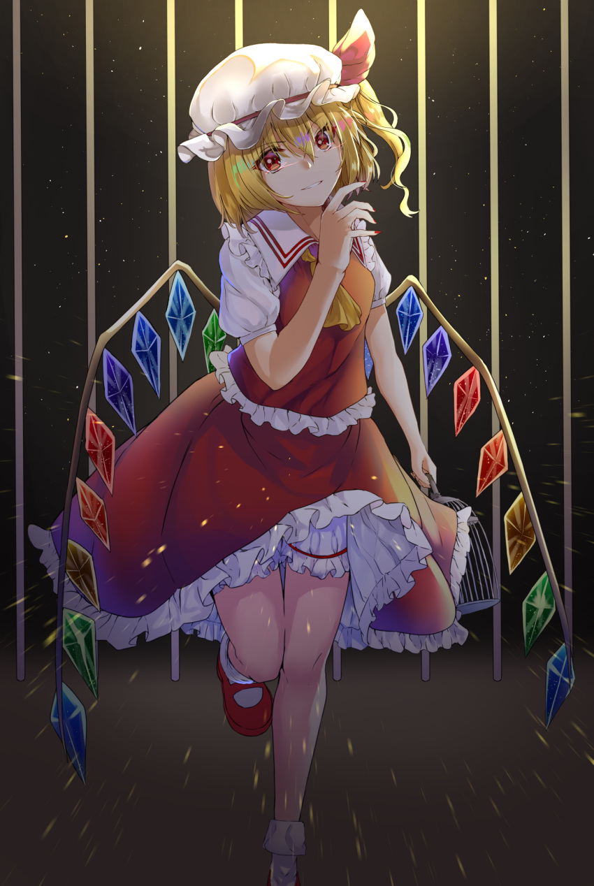 1girl anemone_noa ascot bangs bars birdcage black_background blonde_hair bloomers breasts cage commentary crystal eyebrows_visible_through_hair feet_out_of_frame flandre_scarlet frilled_shirt_collar frills grin hair_between_eyes hand_up hat hat_ribbon highres holding light_particles looking_at_viewer mary_janes medium_breasts mob_cap nail_polish one_side_up petticoat red_eyes red_footwear red_nails red_ribbon red_skirt red_vest ribbon shirt shoes short_hair skirt skirt_set smile socks solo standing standing_on_one_leg thighs touhou underwear vest white_bloomers white_hat white_legwear white_shirt wings yellow_neckwear