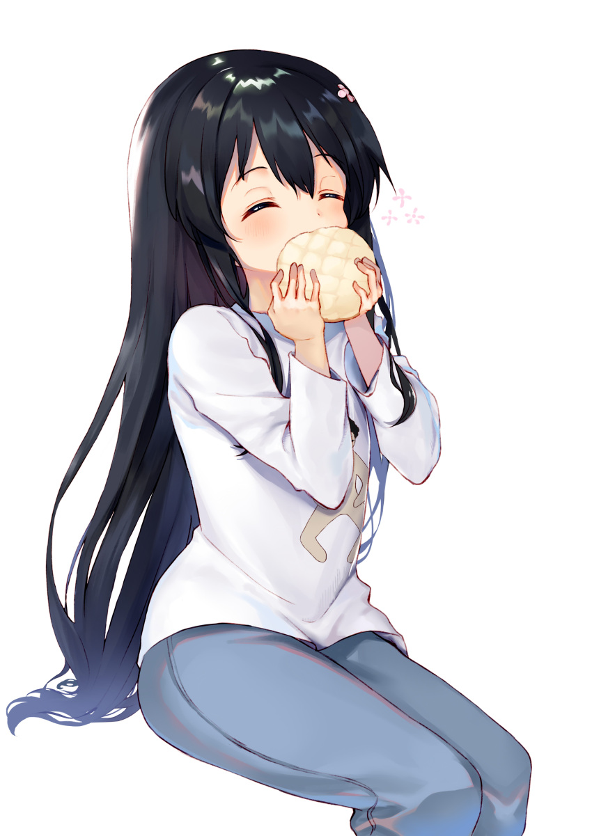 1girl absurdres black_hair blush bread character_print closed_eyes denim enokinoko1010 flower food hair_between_eyes hair_flower hair_ornament highres holding holding_food jeans long_hair long_sleeves melon_bread pants shirosaki_hana shirt sitting solo very_long_hair watashi_ni_tenshi_ga_maiorita! white_background white_shirt