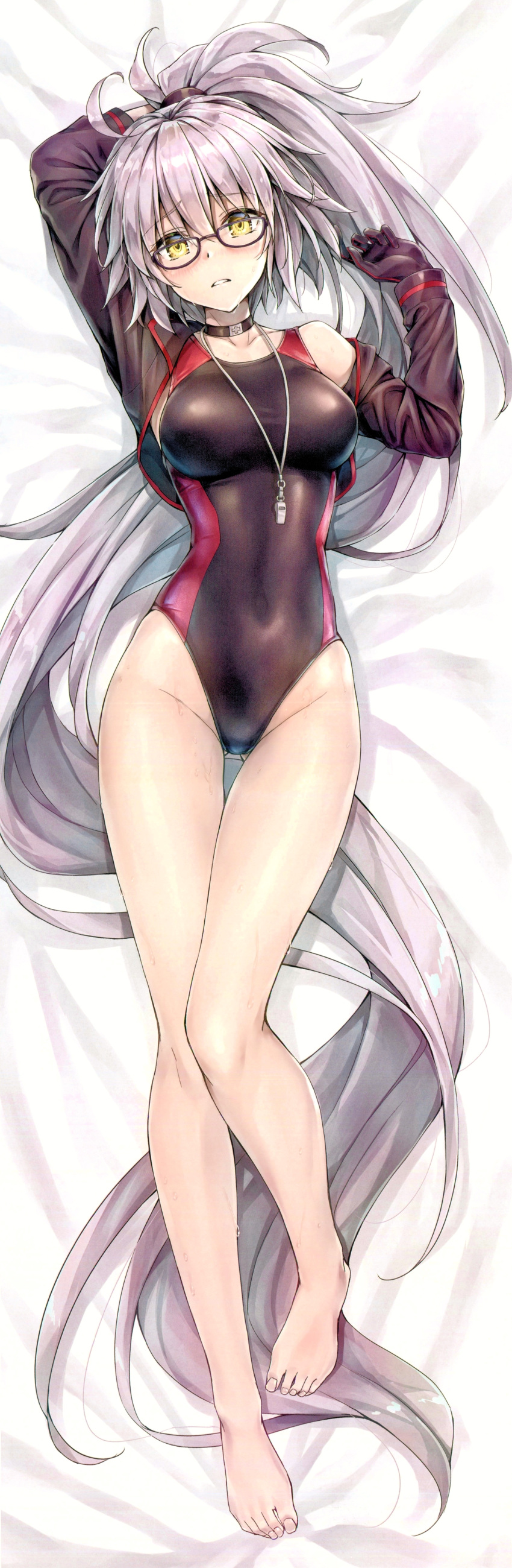 1girl absurdly_long_hair absurdres bangs barefoot bed_sheet black_choker black_gloves black_jacket blue_swimsuit blush breasts choker collar collarbone competition_school_swimsuit cropped_jacket dakimakura eyebrows_visible_through_hair fate/grand_order fate_(series) full_body glasses gloves highres jacket jeanne_d'arc_(alter_swimsuit_berserker) jeanne_d'arc_(fate)_(all) kotatsu_(kotatsu358) long_hair long_sleeves looking_at_viewer lying medium_breasts on_back one-piece_swimsuit open_clothes open_jacket parted_lips scan shiny shiny_hair silver_hair solo swimsuit toenails toes very_long_hair whistle whistle_around_neck yellow_eyes