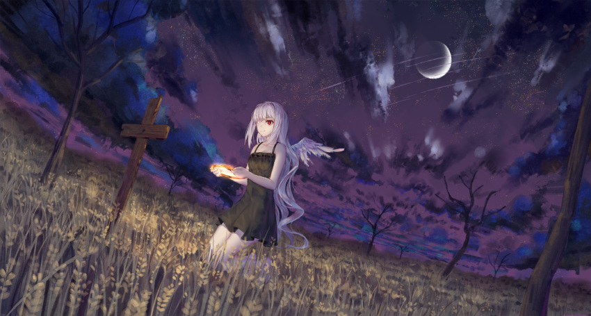 1girl bandage_over_one_eye bangs bare_arms bare_legs bare_shoulders bare_tree barefoot black_dress closed_mouth clouds cloudy_sky collarbone commentary_request crescent_moon cross dress dutch_angle eyebrows_visible_through_hair feathered_wings field halo highres holding ji_dao_ji kneeling long_hair moon night night_sky original outdoors red_eyes silver_hair sky sleeveless sleeveless_dress smile solo star_(sky) starry_sky tree very_long_hair white_wings wings