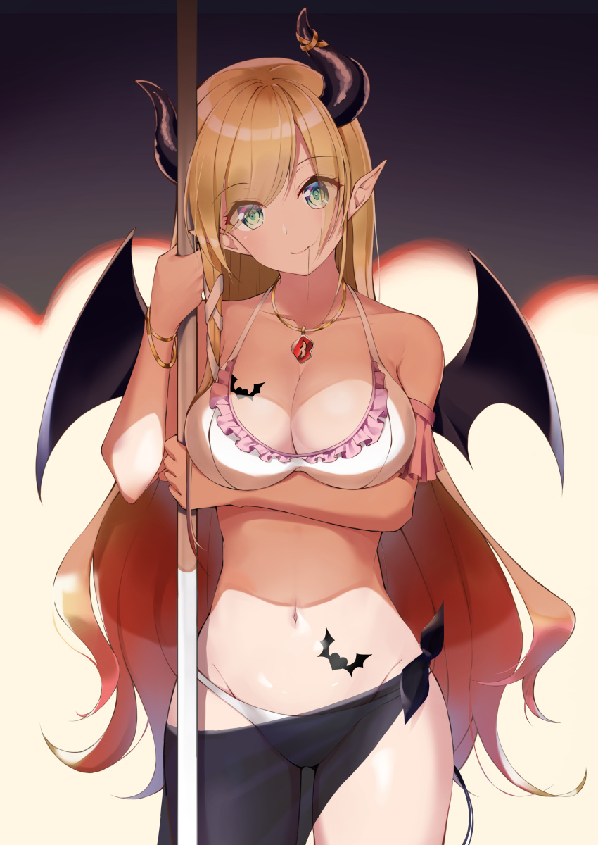 1girl :d absurdres arm_under_breasts bangs bare_shoulders bikini blonde_hair blush bracelet breasts cleavage closed_mouth collarbone commentary_request cowboy_shot demon_girl demon_horns demon_tail demon_wings eyebrows_visible_through_hair eyelashes frilled_bikini_top frills green_eyes groin hair_in_mouth halter_top halterneck hand_up highres hololive horns jewelry large_breasts long_hair looking_at_viewer masuishi_kinoto midriff mouth_hold navel necklace official_art open_mouth pointy_ears pole sarong shiny shiny_hair sidelocks smile solo standing stomach stomach_tattoo stripper_pole swept_bangs swimsuit tail tattoo very_long_hair virtual_youtuber white_bikini wings yuzuki_choco