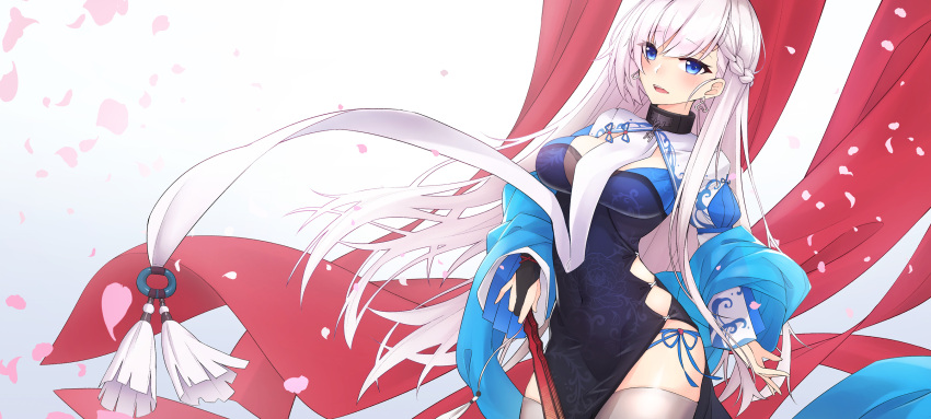1girl ashisi azur_lane belfast_(azur_lane) belfast_(iridescent_rose)_(azur_lane) black_gloves blue_eyes blush braid breasts chinese_clothes cleavage_cutout collar cowboy_shot dress earrings eyebrows_visible_through_hair fan folding_fan gloves gradient gradient_background grey_background highres jewelry long_hair long_sleeves looking_at_viewer medium_breasts open_mouth panties petals sash side-tie_panties side_cutout side_slit silver_hair smile solo tassel thigh-highs underwear white_background white_legwear wind