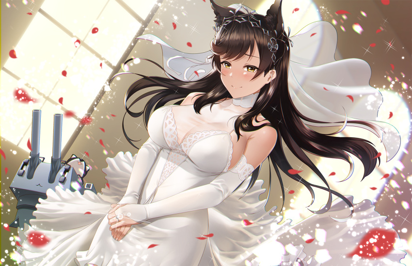 1girl animal_ears atago_(azur_lane) atago_(white_promise)_(azur_lane) azur_lane bangs black_hair breasts brown_eyes cannon cleavage dress eyebrows_visible_through_hair floating_hair garter_straps glint gloves hair_ribbon jewelry kagiyama_(gen'ei_no_hasha) large_breasts long_hair looking_at_viewer mole mole_under_eye petals ribbon ring sidelocks smile solo thigh-highs wedding_dress wedding_ring white_dress white_legwear white_ribbon wind wind_lift