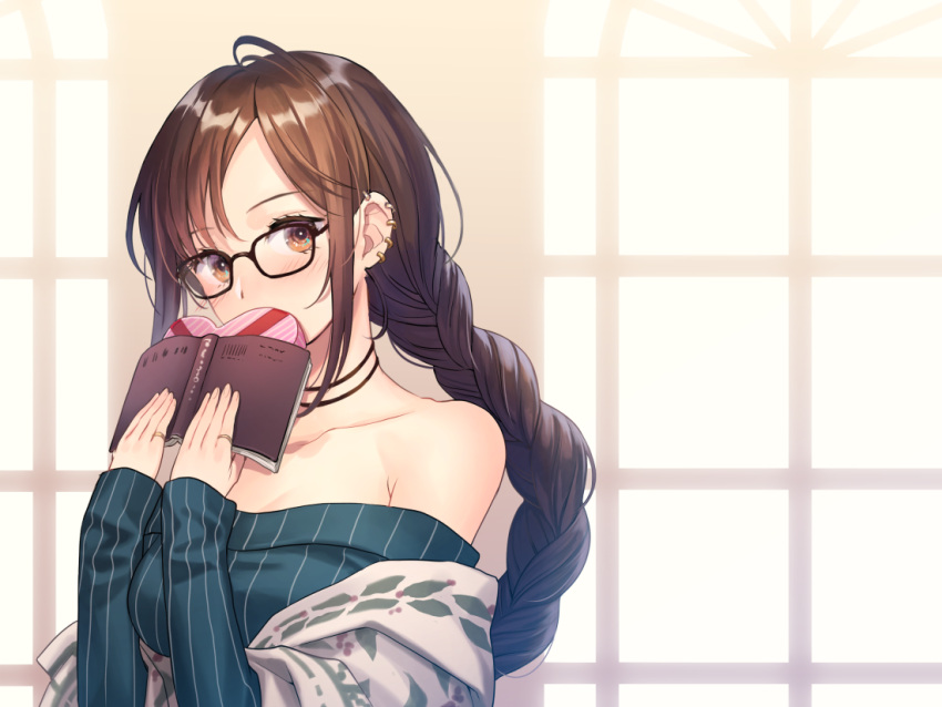 1girl adapted_costume bangs bare_shoulders black-framed_eyewear black_choker blush book box braid breasts bright_pupils brown_eyes brown_hair choker collarbone commentary_request consort_yu_(fate) ear_piercing eyebrows_visible_through_hair fate/grand_order fate_(series) gift gift_box glasses heart-shaped_lock holding holding_book holding_gift indoors jewelry long_hair long_sleeves looking_at_viewer medium_breasts off-shoulder_sweater open_book piercing ring single_braid solo striped striped_sweater sweater two-handed upper_body valentine vertical_stripes very_long_hair window yamyom