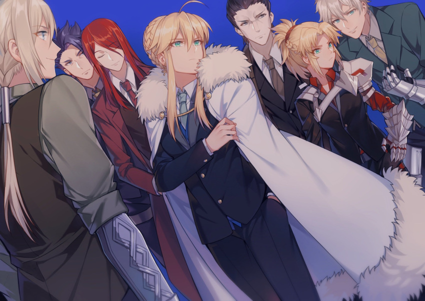 2girls 5boys animal_ears armor artoria_pendragon_(all) artoria_pendragon_(lancer) black_suit blonde_hair blue_background braid cape character_request closed_eyes dutch_angle fate/grand_order fate/stay_night fate_(series) french_braid fur-trimmed_cape fur_trim green_eyes green_suit grey_neckwear hand_on_hip highres lancelot_(fate/grand_order) long_hair multiple_boys multiple_girls necktie ponytail prosthesis prosthetic_arm red_neckwear red_suit redhead smile striped striped_neckwear vest yellow_neckwear yorukun