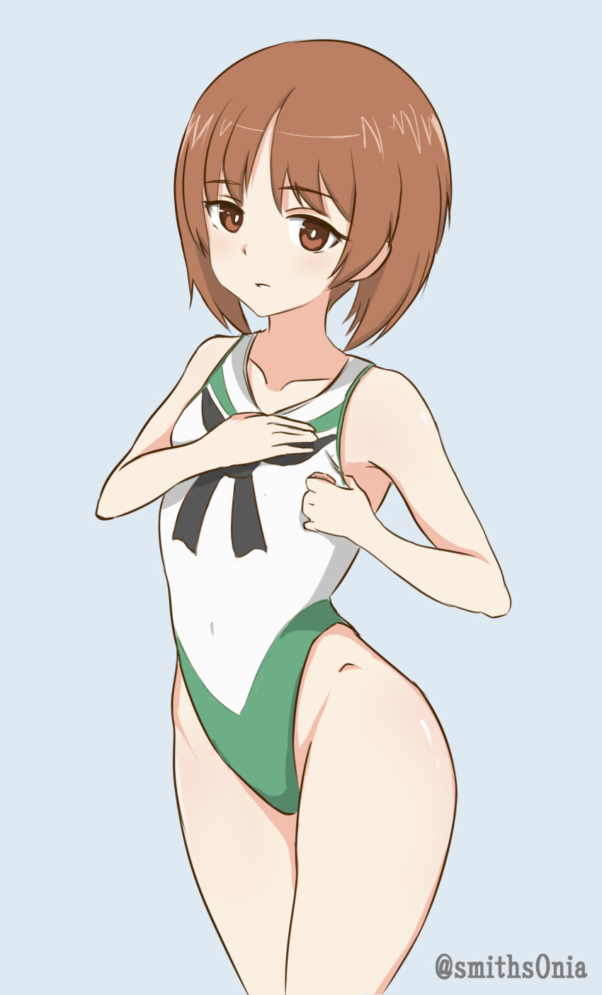 1girl alternate_breast_size blue_background brown_eyes brown_hair collarbone commentary_request competition_swimsuit cowboy_shot flat_chest girls_und_panzer highleg highleg_swimsuit highres looking_at_viewer nishizumi_miho one-piece_swimsuit ooarai_school_uniform school_uniform short_hair simple_background solo standing sumiso_(smithsoniancorp) swimsuit twitter_username white_swimsuit