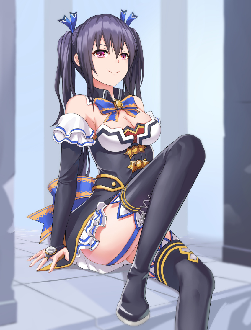 1girl absurdres bangs bare_shoulders black_hair black_legwear boots breasts bridal_gauntlets cleavage closed_mouth detached_collar detached_sleeves dress elbow_gloves frills garter_straps gloves hair_between_eyes hair_ornament hair_ribbon highres long_hair looking_at_viewer medium_breasts neptune_(series) noire red_eyes ribbon sitting skirt smile solo thigh-highs thigh_boots thighhighs_under_boots twintails very_long_hair yokuu