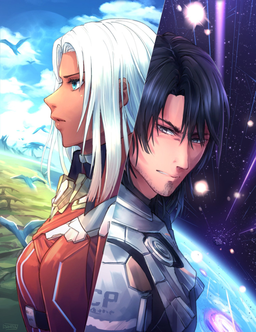 1boy 1girl armor bird black_hair blue_eyes clouds cloudy_sky dark_skin day elma_(xenoblade_x) explosion facial_hair highres lao_(xenoblade_x) long_hair planet science_fiction sky space split star_(sky) starry_sky stubble suneiaaa white_hair xenoblade_chronicles_x