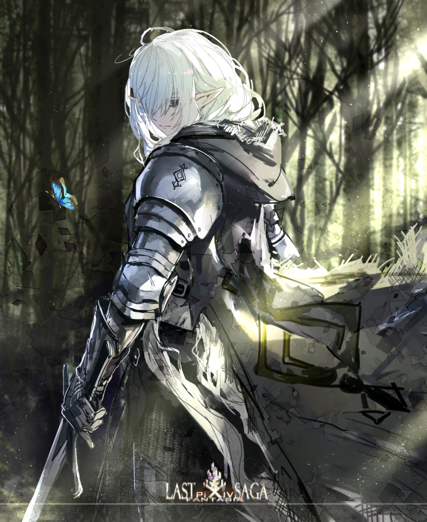 1girl armor armored_dress bug butterfly cloak dappled_sunlight day elf eyes_visible_through_hair forest from_behind gauntlets highres holding holding_sword holding_weapon hood insect long_hair looking_back nature outdoors pixiv_fantasia_last_saga pointy_ears ryuuzaki_ichi sketch solo sunlight sword weapon white_hair