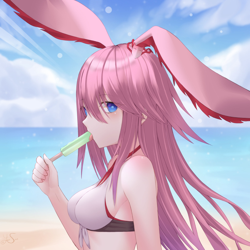 1girl absurdres animal_ears bangs bare_shoulders beach bikini blue_eyes blue_sky breasts clouds commentary_request day eating eyebrows_visible_through_hair food fox_ears from_side hair_between_eyes highres holding holding_food honkai_(series) honkai_impact_3 large_breasts long_hair looking_at_viewer ocean pink_hair popsicle signature sky solo swimsuit tongue tongue_out upper_body water white_bikini_top yae_sakura_(honkai_impact) yansae81