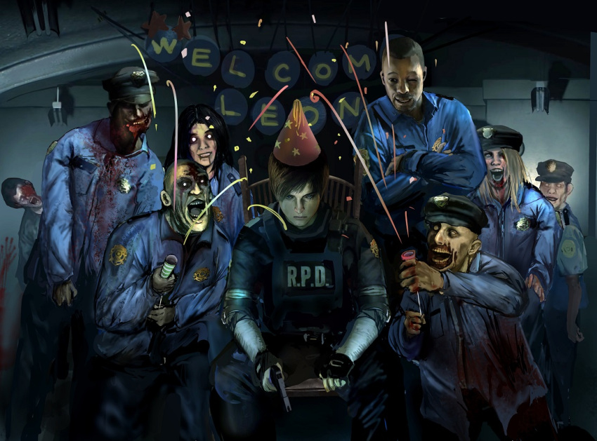 2girls 6+boys blood celebration chair commentary_request doitsuken happy hat indoors leon_s_kennedy multiple_boys multiple_girls open_mouth party_hat police police_uniform policeman policewoman resident_evil resident_evil_2 sitting smile unamused uniform zombie