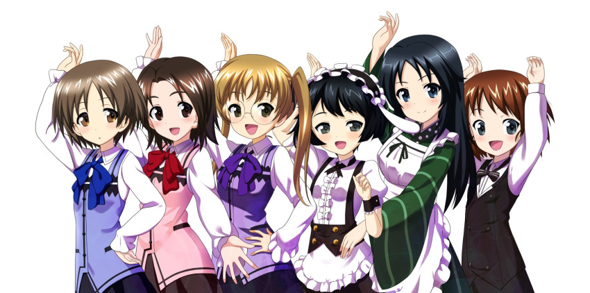 6+girls :d :o alternate_costume apron arm_up arms_up bangs black_eyes black_hair black_hairband black_neckwear black_ribbon black_skirt black_vest blouse blue_blouse blue_eyes blue_hair blue_neckwear bow bowtie brown_eyes brown_hair butler closed_mouth dress_shirt enmaided excel_(shena) eyebrows_visible_through_hair freckles frilled frilled_hairband frilled_wrist_cuffs frills gesture girls_und_panzer glasses green_kimono hair_ribbon hairband hand_on_hip highres japanese_clothes kimono layered_clothing light_blush long_hair long_sleeves looking_at_viewer maid maruyama_saki multiple_girls neck_ribbon oono_aya open_mouth parted_bangs parted_lips pink_blouse pleated_skirt pose puffy_short_sleeves puffy_sleeves purple_blouse purple_neckwear red_neckwear ribbon round_eyewear sakaguchi_karina sawa_azusa shirt short_hair short_sleeves simple_background skirt sleeveless_blouse smile standing striped striped_kimono striped_neckwear twintails utsugi_yuuki vest wa_maid waist_apron waitress white_apron white_background white_blouse white_shirt wide_sleeves wing_collar wrist_cuffs yamagou_ayumi