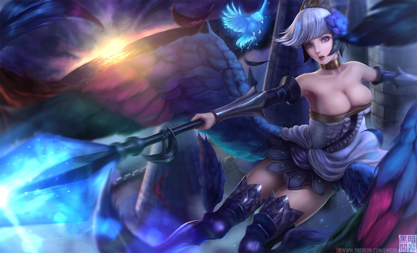 1girl bare_shoulders blue_hair blue_legwear breasts cleavage gwendolyn holding holding_spoon large_breasts limgae looking_at_viewer odin_sphere open_mouth polearm short_hair solo spear spoon thigh-highs violet_eyes weapon