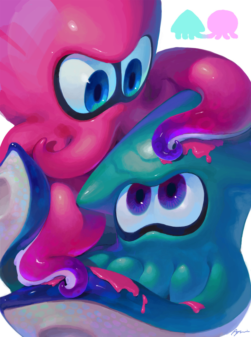 2others animal ayumi_(830890) blue_eyes eye_contact green_skin highres ink inkling looking_at_another multiple_others nintendo no_humans octoling octopus pink_skin sea_creature signature simple_background splatoon splatoon_(series) splatoon_2 squid suction_cups tentacle violet_eyes white_background