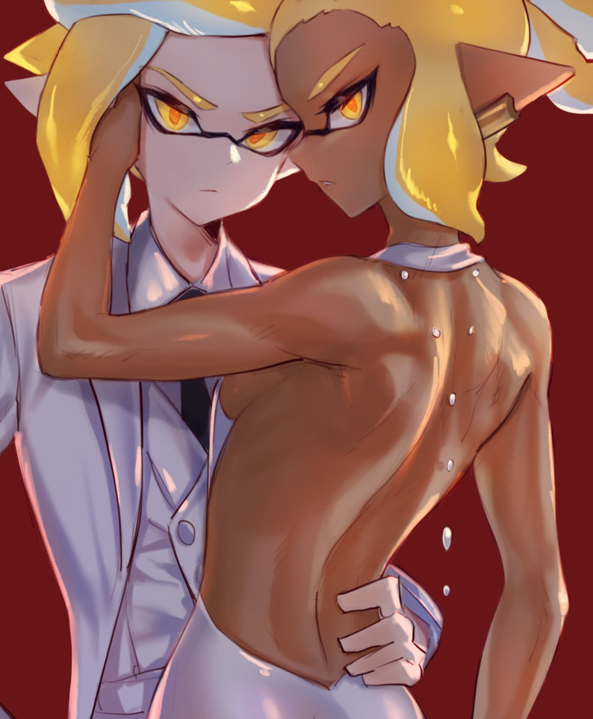 1boy 1girl back backless_dress backless_outfit bare_arms bare_back bare_shoulders black_neckwear blonde_hair breasts closed_mouth dark_skin dress earrings formal frown hand_on_another's_back hand_on_another's_head highres inkling jewelry jtveemo looking_at_viewer necktie parted_lips pointy_ears red_background short_hair sideboob small_breasts splatoon splatoon_(series) splatoon_2 tentacle_hair white_dress yellow_eyes