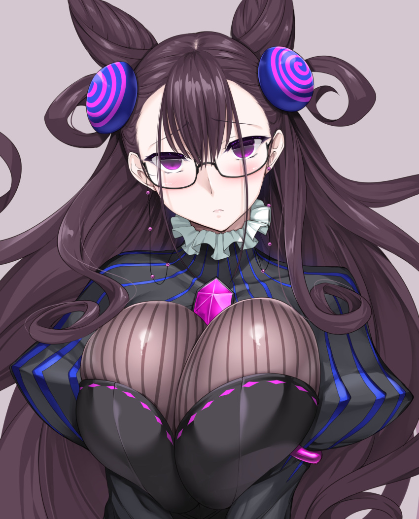 1girl bangs beads beige_background black_dress blush breast_squeeze breasts brown_hair commentary_request curly_hair double_bun dress empty_eyes eyebrows_visible_through_hair fate/grand_order fate_(series) frills frown gem glasses hair_between_eyes hair_ornament highres large_breasts long_hair long_sleeves looking_at_viewer murasaki_shikibu_(fate) nakano_sora puffy_sleeves solo string striped_clothes violet_eyes