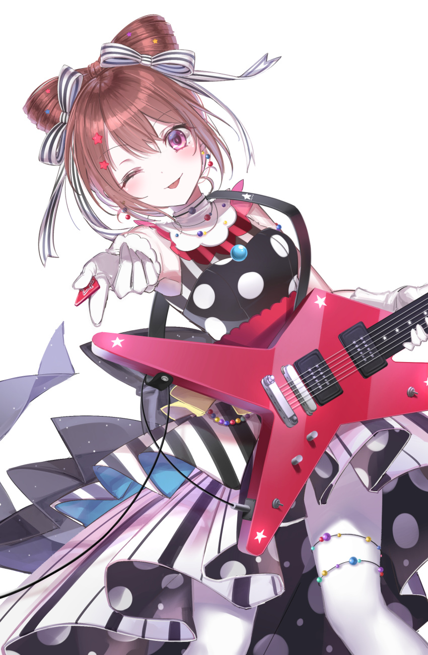 1girl ;p absurdres alternate_hairstyle back_bow bang_dream! bangs blush boo_1 bow bow_by_hair brown_hair commentary dress earrings electric_guitar gloves guitar hair_ornament hair_ribbon highres holding holding_instrument instrument jewelry looking_at_viewer one_eye_closed outstretched_arm pale_skin pantyhose plectrum polka_dot polka_dot_dress ribbon sidelocks simple_background solo star star_hair_ornament striped striped_dress striped_ribbon symbol_commentary textless thighlet tongue tongue_out toyama_kasumi violet_eyes white_background white_gloves white_legwear