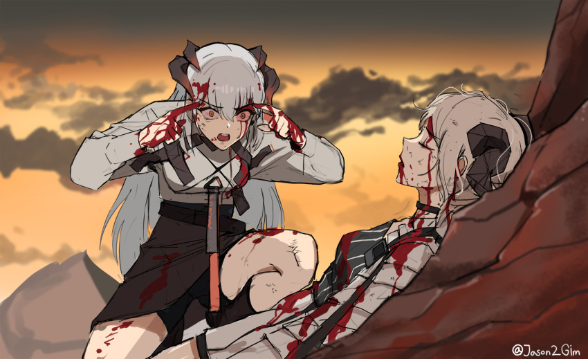 2girls arknights bangs blood closed_eyes commentary english_commentary grey_hair horns ifrit_(arknights) jason_kim long_hair lying meme multiple_girls on_back open_mouth parody pointing pointing_at_self saria_(arknights) shorts shorts_under_skirt skirt think_mark_think!_(meme) twitter_username yellow_eyes