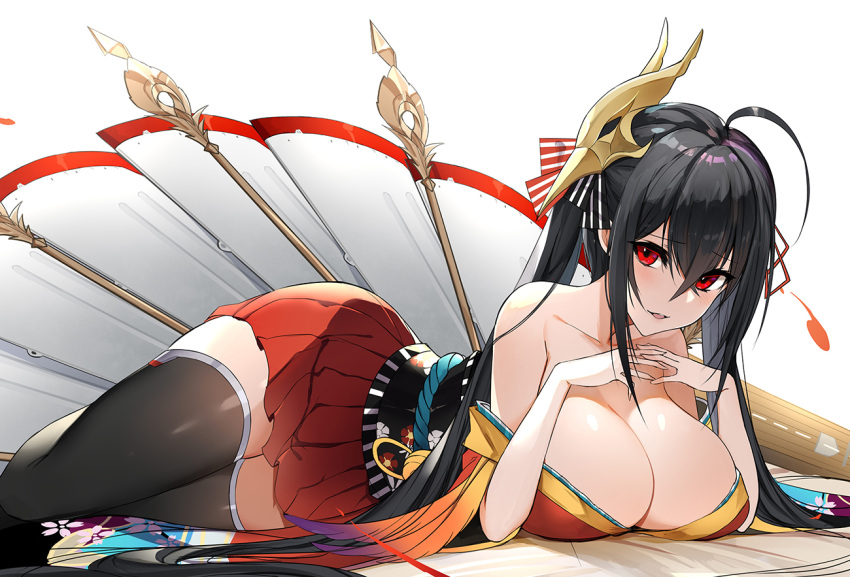 1girl ahoge azur_lane bangs bare_shoulders black_hair black_legwear blush breasts cleavage collarbone crossed_bangs eyebrows_visible_through_hair hair_between_eyes hair_ribbon huge_breasts japanese_clothes kimono large_breasts long_hair looking_at_viewer luse_maonang lying mask mask_on_head obi open_mouth parted_lips red_eyes red_kimono red_ribbon ribbon sash short_kimono smile solo taihou_(azur_lane) thigh-highs thighs tied_hair twintails very_long_hair white_background