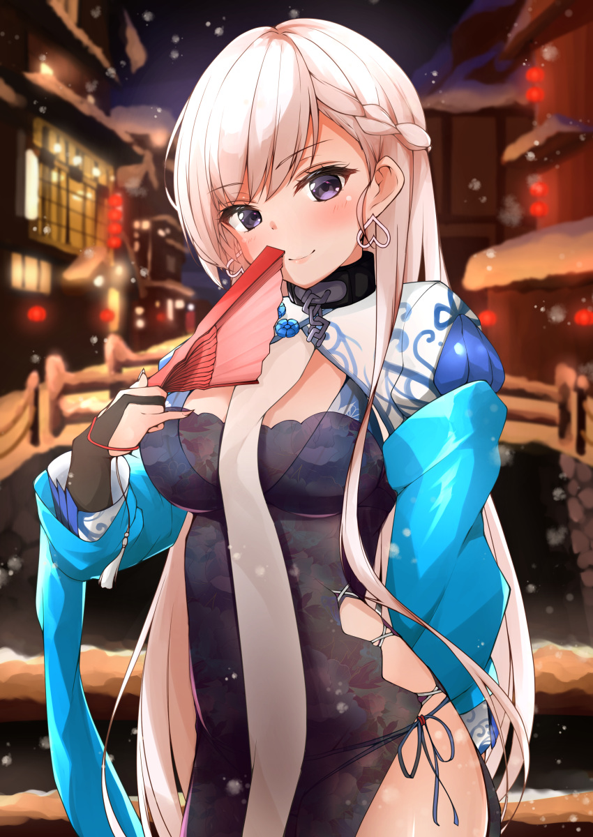 1girl absurdres architecture azur_lane belfast_(azur_lane) belfast_(iridescent_rose)_(azur_lane) black_gloves blush braid breasts bridge chains chinese_clothes cleavage_cutout collar cowboy_shot dress earrings east_asian_architecture eyebrows_visible_through_hair fan fingerless_gloves folding_fan gloves highres jewelry lantern long_hair long_sleeves looking_at_viewer medium_breasts night panties ryou_(ryo_217cafe) sash side-tie_panties side_cutout side_slit silver_hair smile snow solo standing underwear violet_eyes