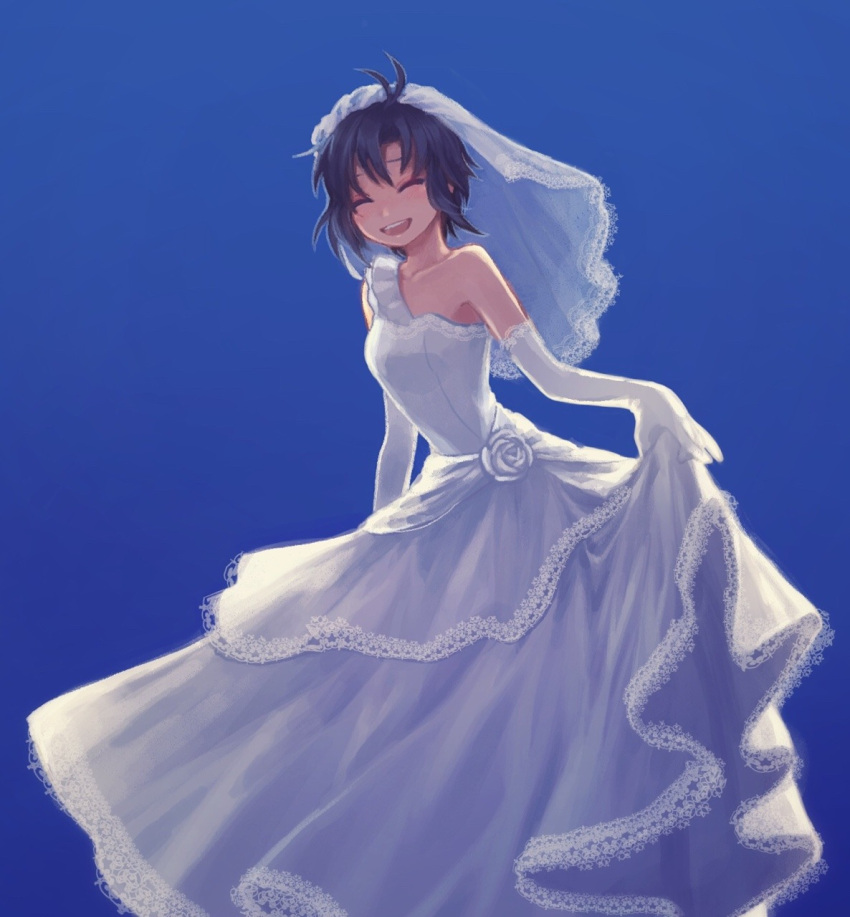 1girl :d ^_^ antenna_hair bangs bare_shoulders black_hair blue_background blush breasts bridal_veil closed_eyes closed_eyes dress elbow_gloves facing_viewer gloves happy highres idolmaster idolmaster_(classic) kikuchi_makoto long_dress naname_(fossama1) open_mouth short_hair simple_background small_breasts smile solo standing upper_teeth veil wedding_dress white_dress white_gloves