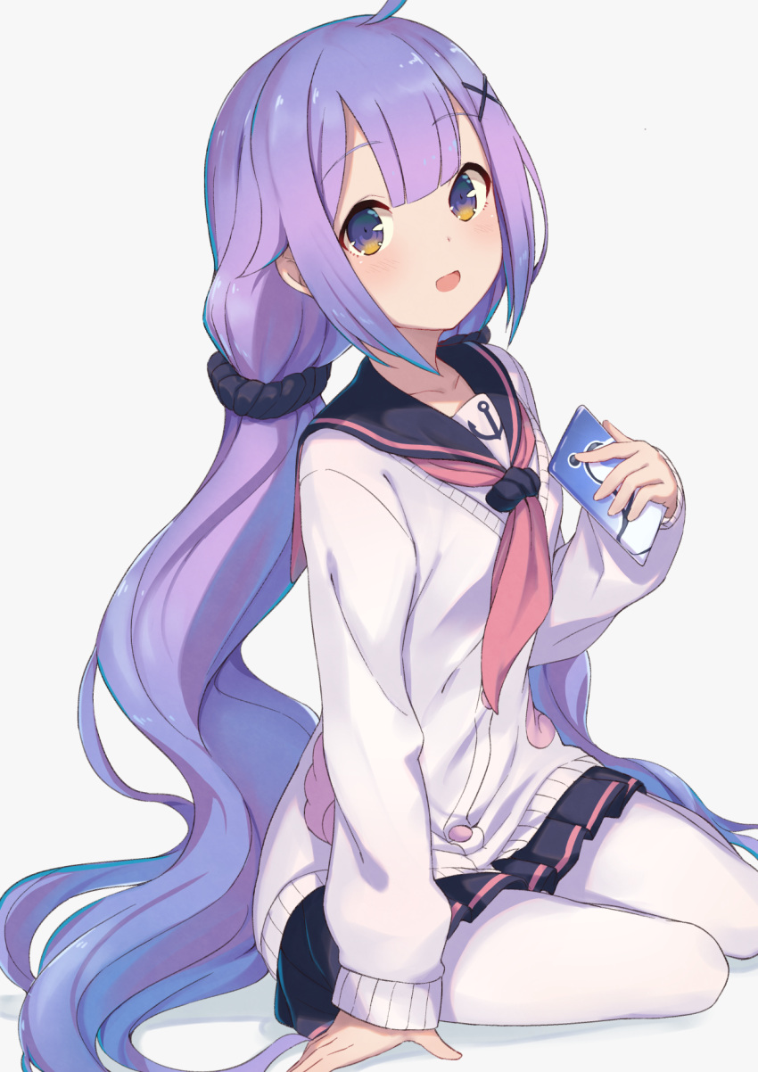 1girl ahoge alternate_costume anchor_symbol azur_lane breasts cardigan cellphone collarbone eyebrows_visible_through_hair hair_ornament hairclip highres legs_together long_hair long_sleeves looking_at_viewer miniskirt neme1228 open_mouth pantyhose phone pleated_skirt purple_hair sailor_collar school_uniform scrunchie serafuku simple_background sitting skirt small_breasts smartphone smile solo twintails unicorn_(azur_lane) white_background white_legwear yellow_eyes