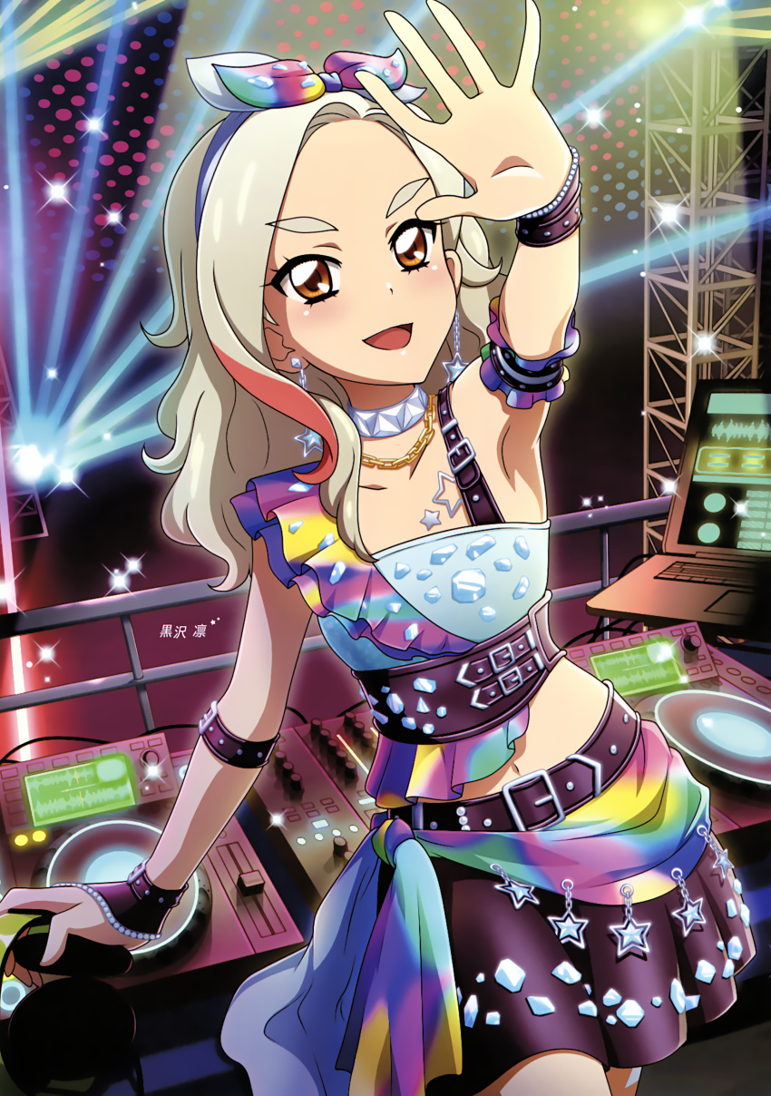 1girl :d absurdres aikatsu! aikatsu!_(series) arm_strap arm_up armpits asymmetrical_clothes belt black_skirt bow brown_eyes chains choker cowboy_shot earrings hair_bow hairband highlights highres holding_headphones indoors jewelry kurosawa_rin_(aikatsu!) long_hair looking_at_viewer midriff miniskirt multicolored_hair navel open_mouth outstretched_arms silver_hair skirt sleeves smile solo sparkle spotlight standing star star_earrings stomach white_hairband wrist_cuffs