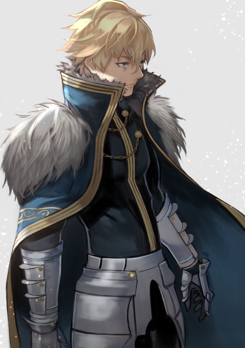 1boy 55level armor arthur_pendragon_(fate) black_gloves blonde_hair blue_cape blue_shirt cape closed_mouth commentary cowboy_shot english_commentary fate/grand_order fate/stay_night fate_(series) faulds fur_trim gauntlets gloves greaves green_eyes highres looking_to_the_side male_focus pauldrons shirt short_hair solo